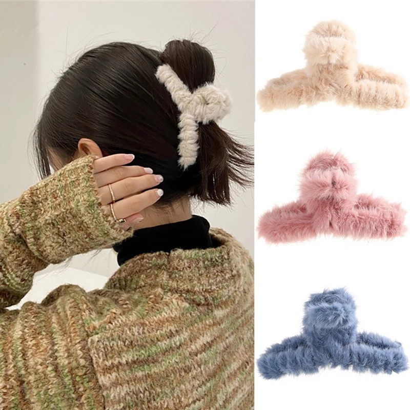 Kẹp càng cua cỡ lớn bằng vải lông nhung mềm giữ ấm mùa đông thời trang đơn giản cho nữ