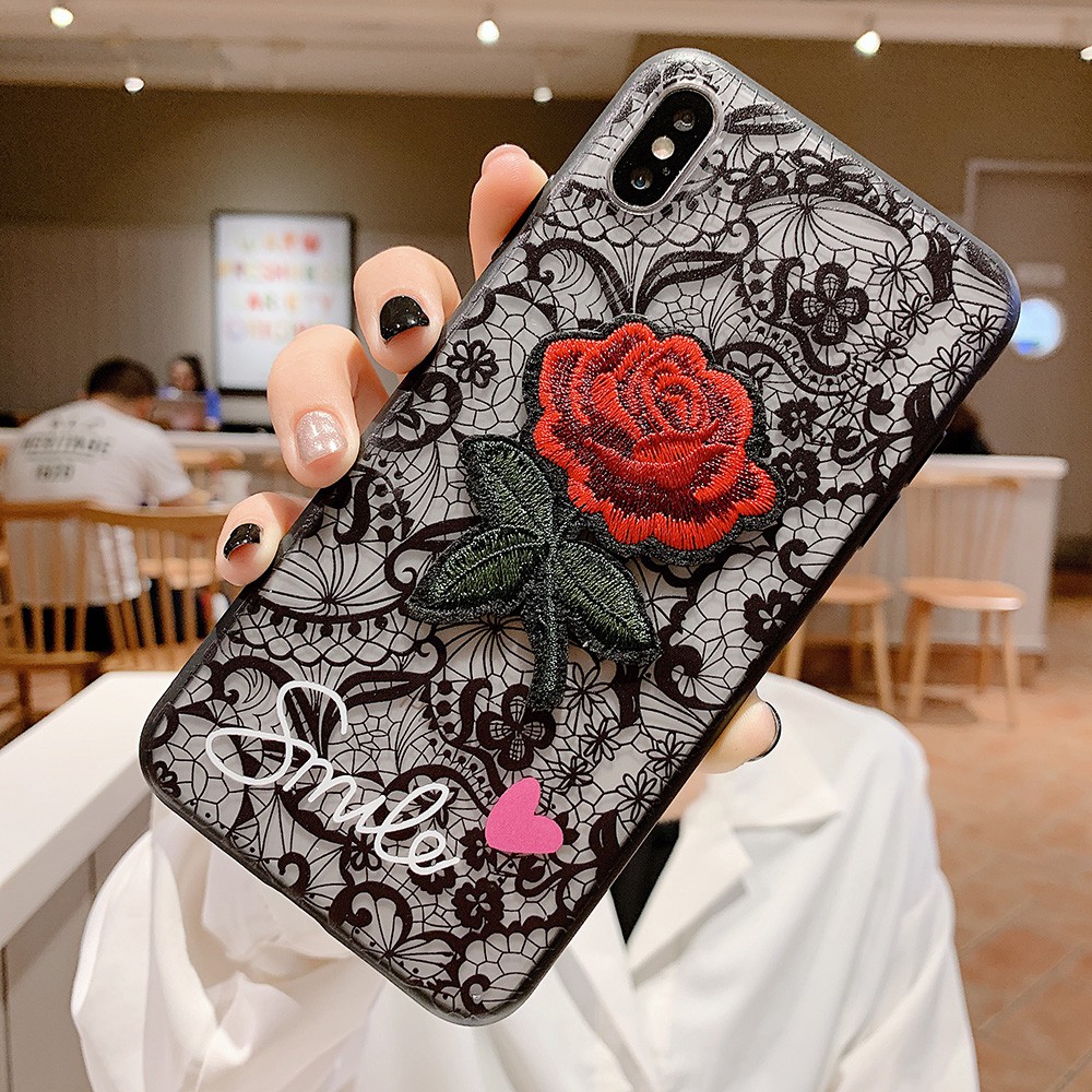 Vỏ điện thoại hoa văn ren trong suốt với hoa hồng Samsung Galaxy A9 Star Pro J8 A7 2018 A9S J6 Plus J4 J5 J7 Prime A8S Transparent Lace Pattern Rigid Phone Case Mobile Back Cover With Rose Flower