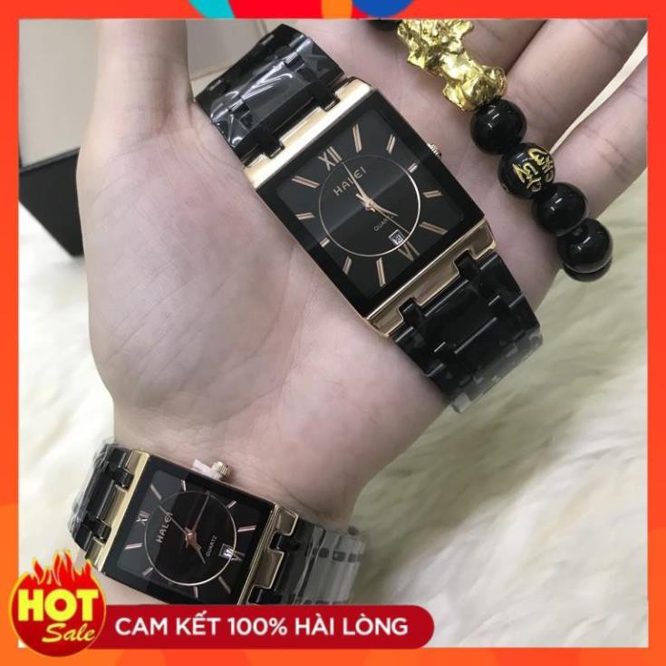 Đồng hồ nam nữ HALEI cặp đôi vuông dây kim loại dây đen mặt đen chống xước chống bay màu chống nước tuyệt đối