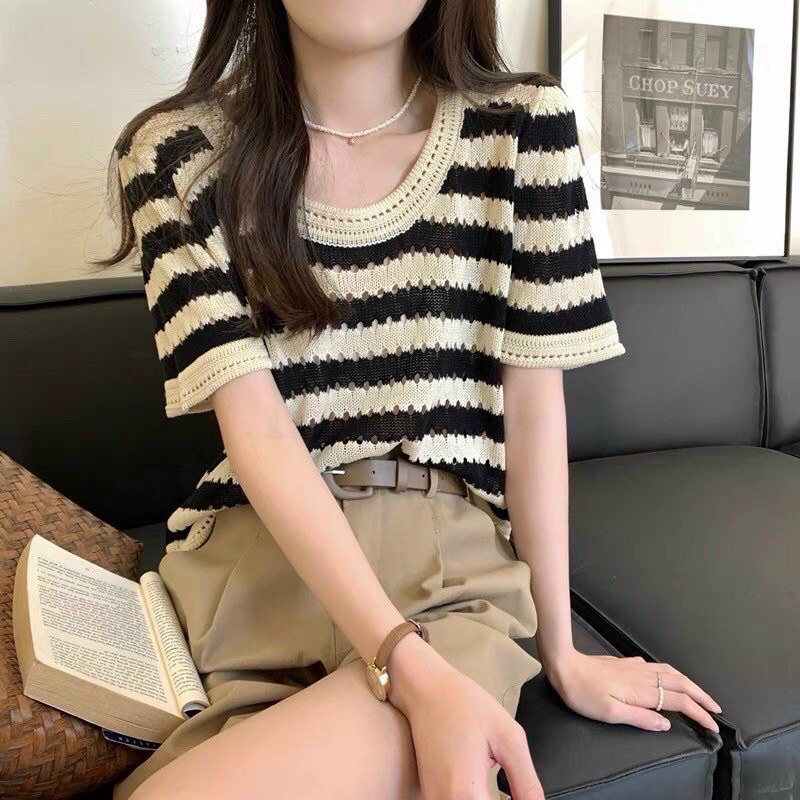 Áo len mongtoghi nữ cộc tay và sát nách kẻ ngang hàng QC