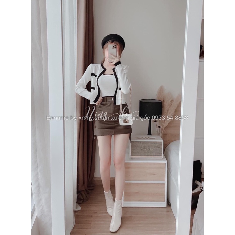 Chân váy da dây rút 2 bên chất da mềm màu đen nâu kem hottrend cá tính thời trang Banamo Fashion 5912 | BigBuy360 - bigbuy360.vn