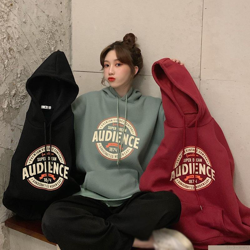 Áo hoodie tay dài dáng rộng có dây rút thời trang thu đông cho nữ