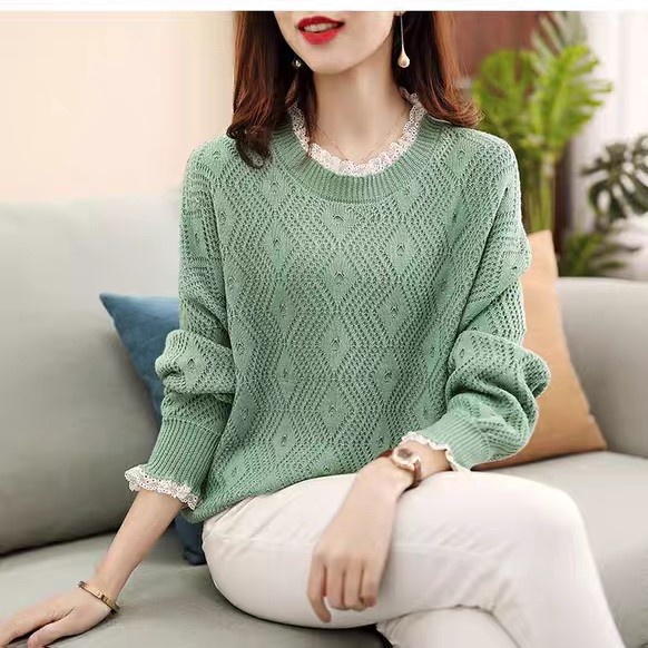 Áo len nữ phom dáng rộng chất dày cổ tròn chui đầu pha ren thời trang thu đông mới