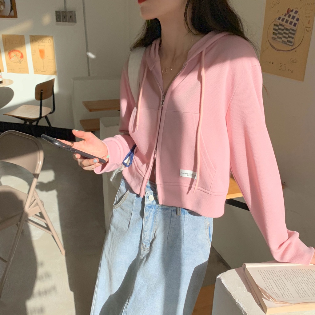 Áo hoodie dáng ngắn vải mỏng phong cách Hàn Quốc cá tính cho nữ | BigBuy360 - bigbuy360.vn
