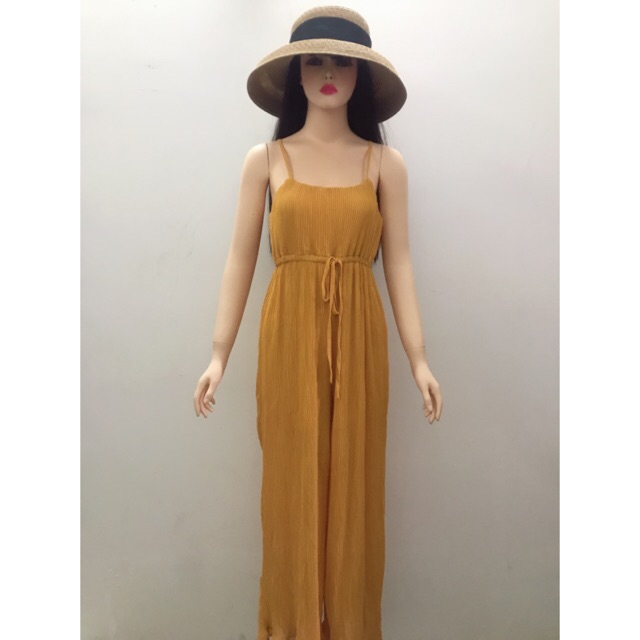 Jumpsuit dài vàng ống suông dập li 2 dây thắt nơ eo (kèm ảnh thật)