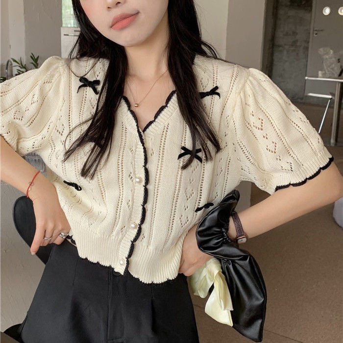 Áo dệt kim tay ngắn dành cho nữ với thiết kế đục lỗ thắt nơ  tao bao