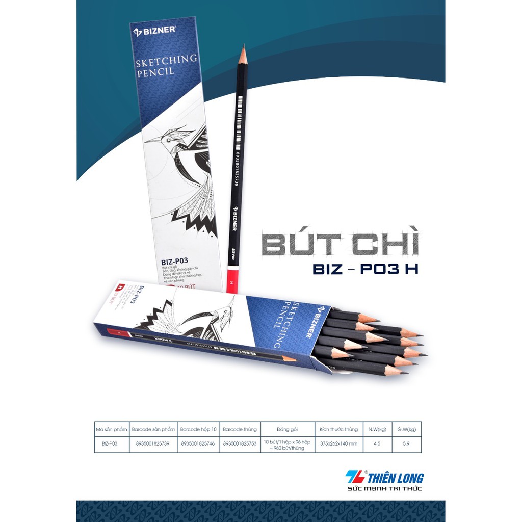 [Ship hỏa tốc] Bút chì gỗ độ cứng H cao cấp 𝑻𝒉𝒊𝒆̂𝒏 𝑳𝒐𝒏𝒈 Bizner BIZ-P03 - ByLy Store