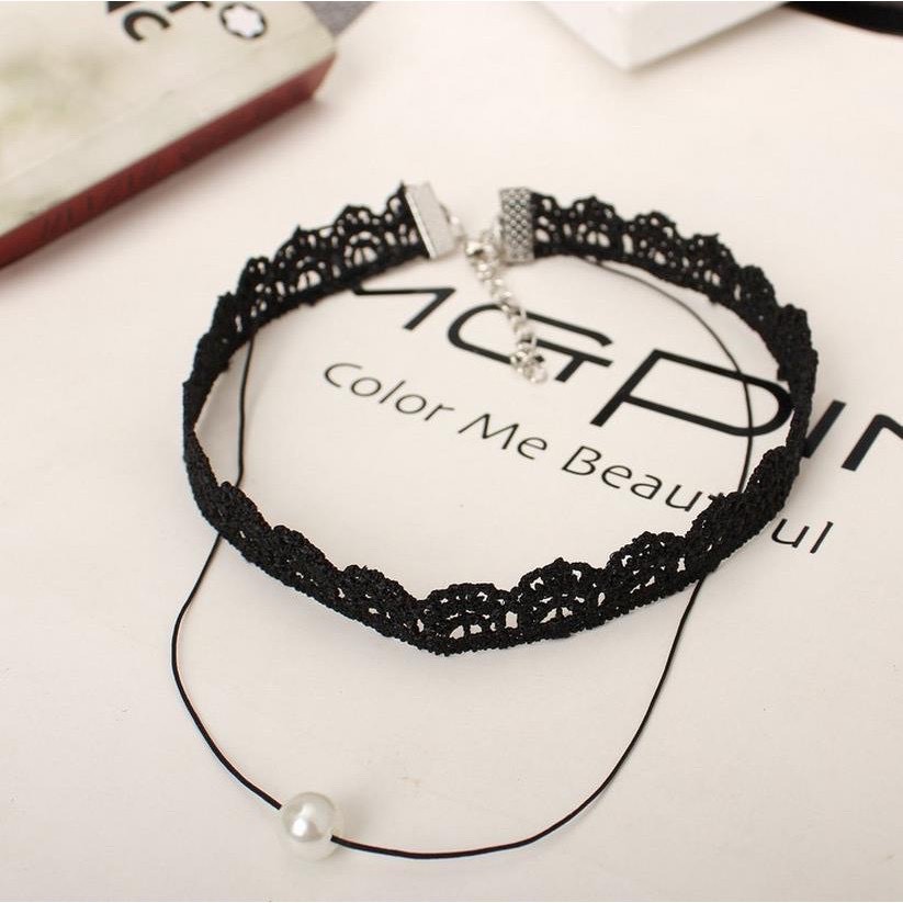 Vòng cổ choker ren phối dây đính hạt thời trang