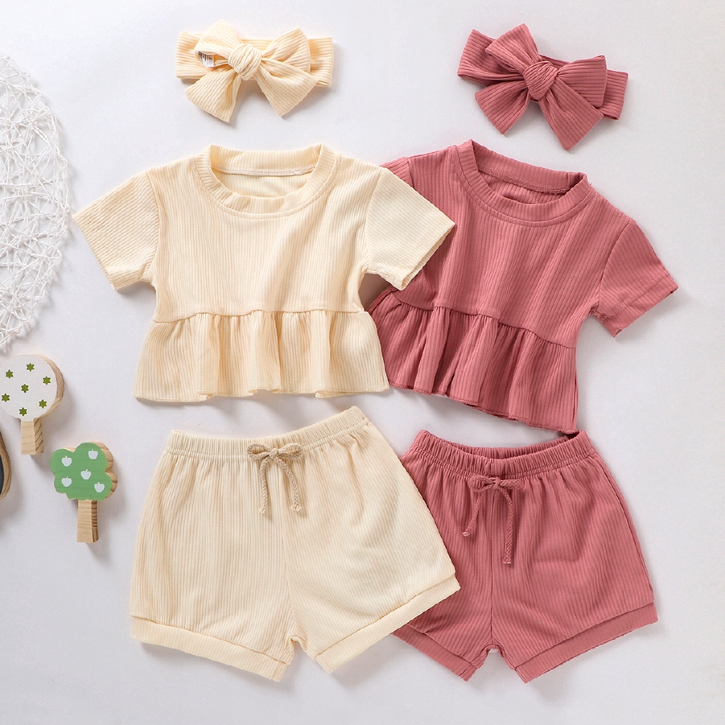 Bộ đồ 2 món gồm áo tay ngắn + quần ngắn mùa hè bằng cotton mềm cho bé gái sơ sinh