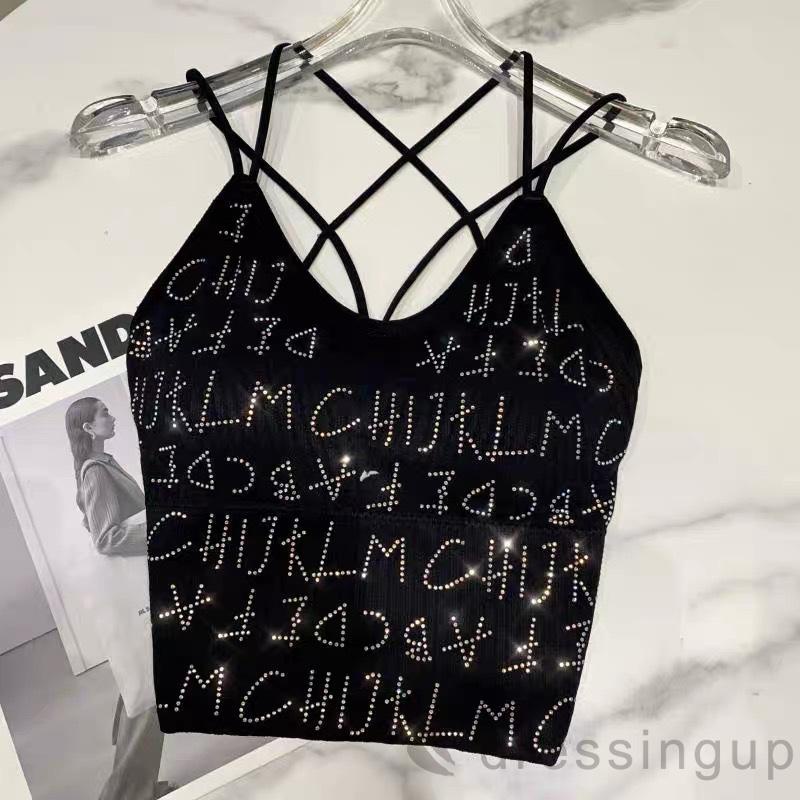 Áo Hai Dây Mỏng Hở Lưng In Chữ Đính Đá Cho Nữ