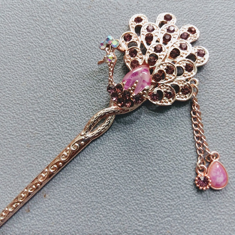 Trâm cài tóc đính đá họa tiết chim công tua rua vintage