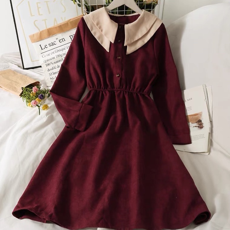 (Order/không sẵn) Đầm vintage dáng dài, 2 cổ bẻ, eo chun có khuy cài