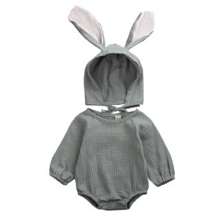 Bộ áo liền quần chất cotton linen tay dài + nón tai thỏ 3D xinh xắn cho bé gái từ 0-24 tháng tuổi