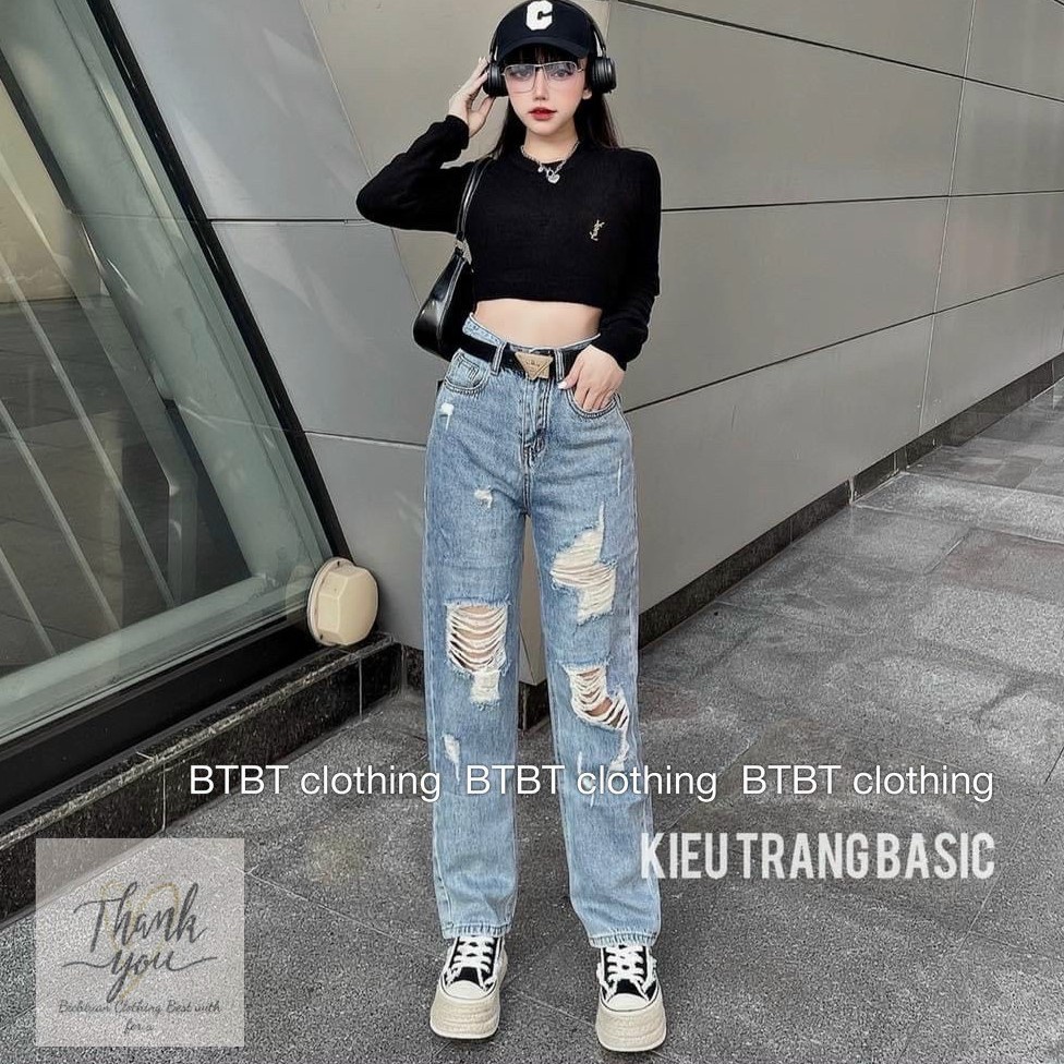 Bingshopvn Quần jeans ống rộng - quần bò suông cho nữ lưng cao rách gối vải đẹp