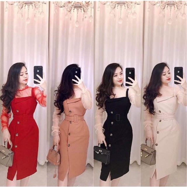 Set áo ren bi + đầm cúc 2 dây tặng kèm đai thắt lưng eo đủ 3 màu