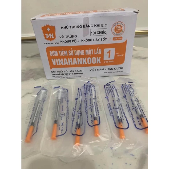 Hộp 100 bơm tiêm tiểu đường Vinahankook 1ml/100IU 30G 13mm tiêm meso prp