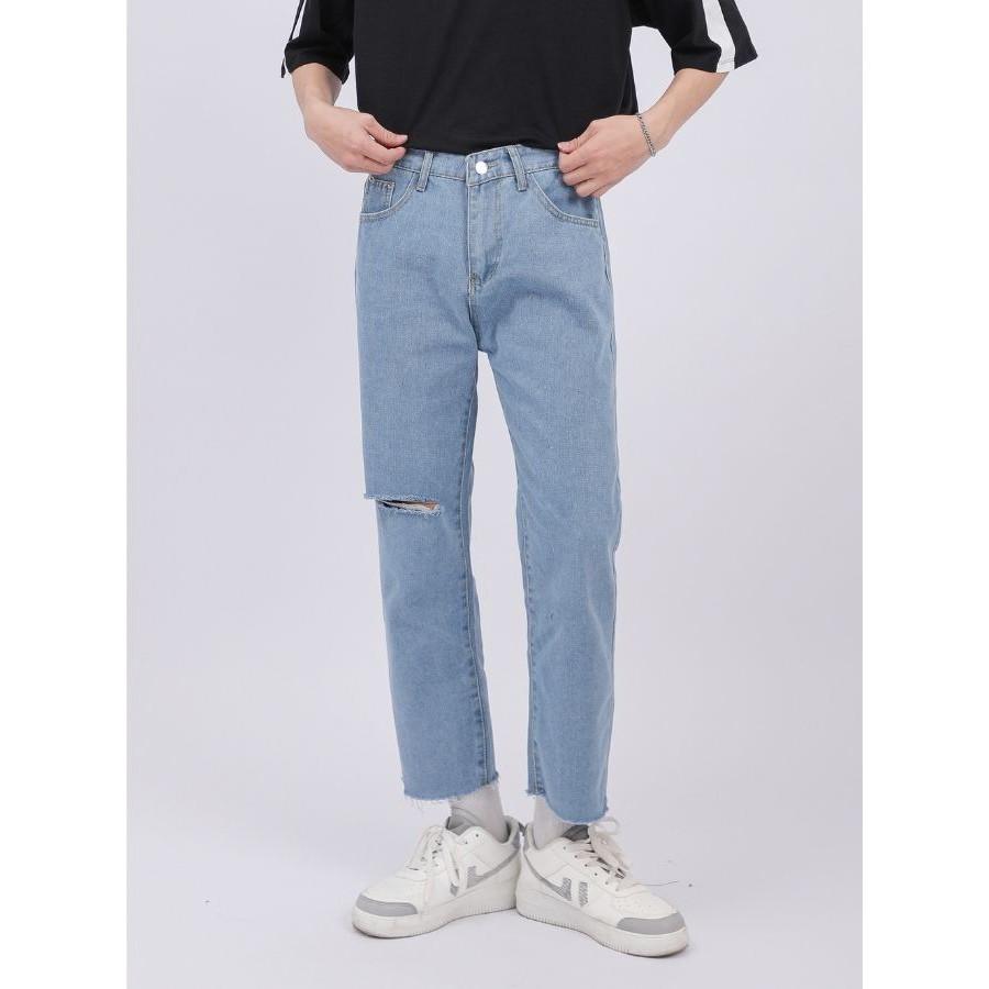 Quần Jean Nam Rách Gối MANDO Vải Bò Cao Cấp 2 Màu Xanh Đen Form Suông Rộng Basic Unisex Thời Trang Hàn Quốc QJN056 | BigBuy360 - bigbuy360.vn