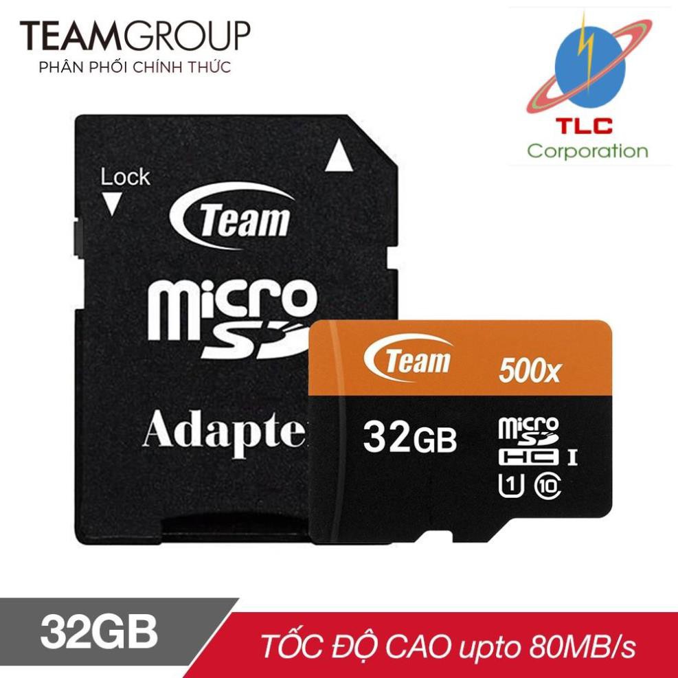 Thẻ nhớ microSDHC Team 32GB 500x upto 80MB/s class 10 U1 kèm Adapter (Cam) - Hãng phân phối chính thức