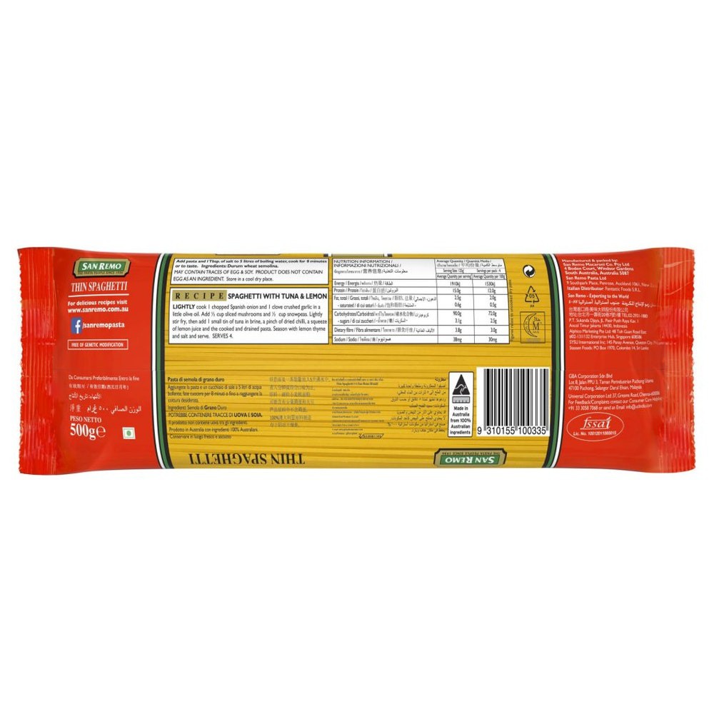 [HÀNG MỚI VỀ] Mì Spaghetti Sợi Mảnh Số 4 Hiệu San Remo gói 500g - Thin Spaghetti San Remo