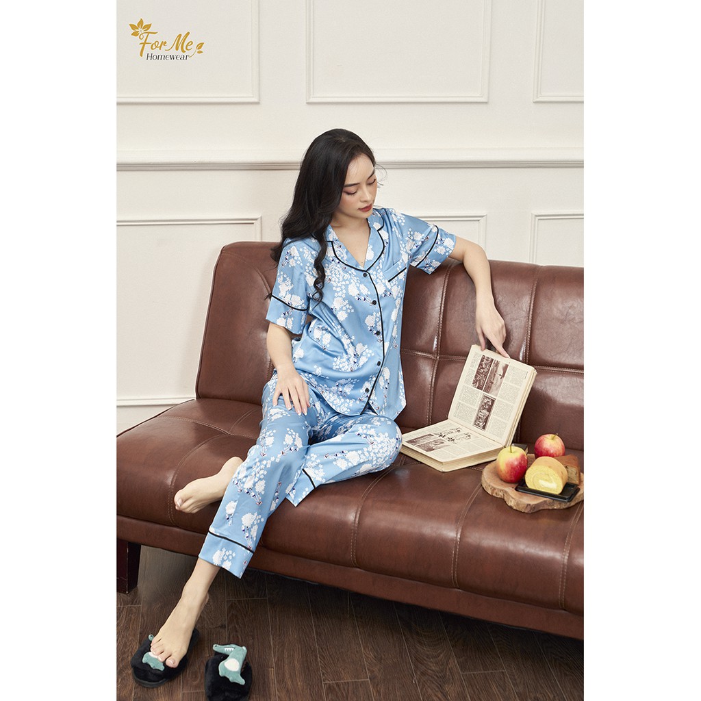 Bộ đồ ngủ, mặc nhà chất Lụa Giấy Luxury ngắn tay quần dài hoa trắng hoa ,forme pijama