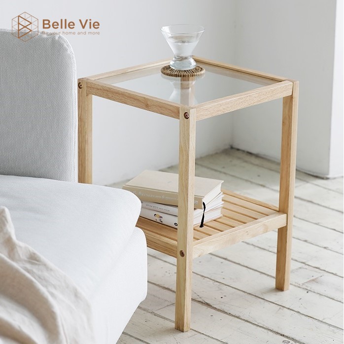 Kệ Đầu Giường Khung Gỗ Mặt Kính 2 Tầng BELLEVIE Kệ Gỗ Tab Đầu Giường Mặt Kính Glass Shelf | BigBuy360 - bigbuy360.vn