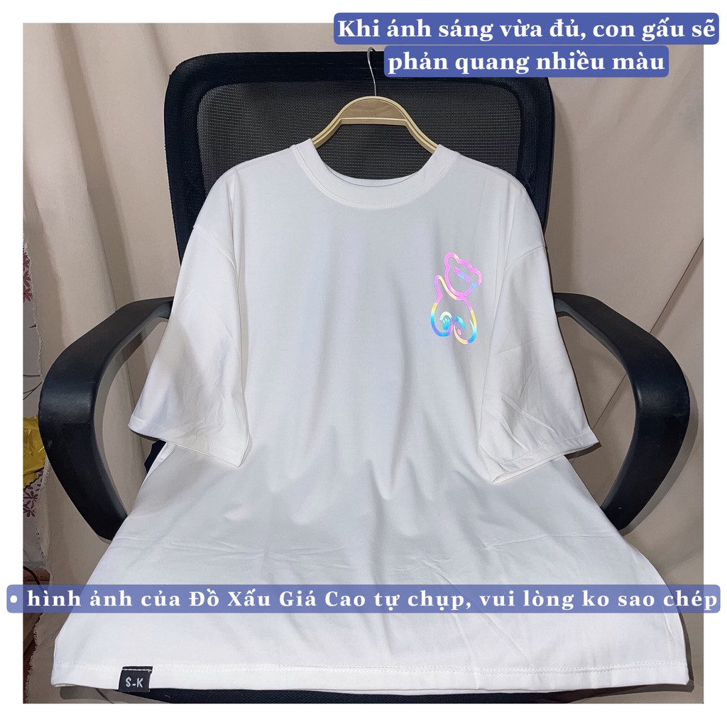 Áo thun trắng phản quang hình gấu. Áo Unisex from rộng tay lỡ chất vải cotton dày dặn. | BigBuy360 - bigbuy360.vn