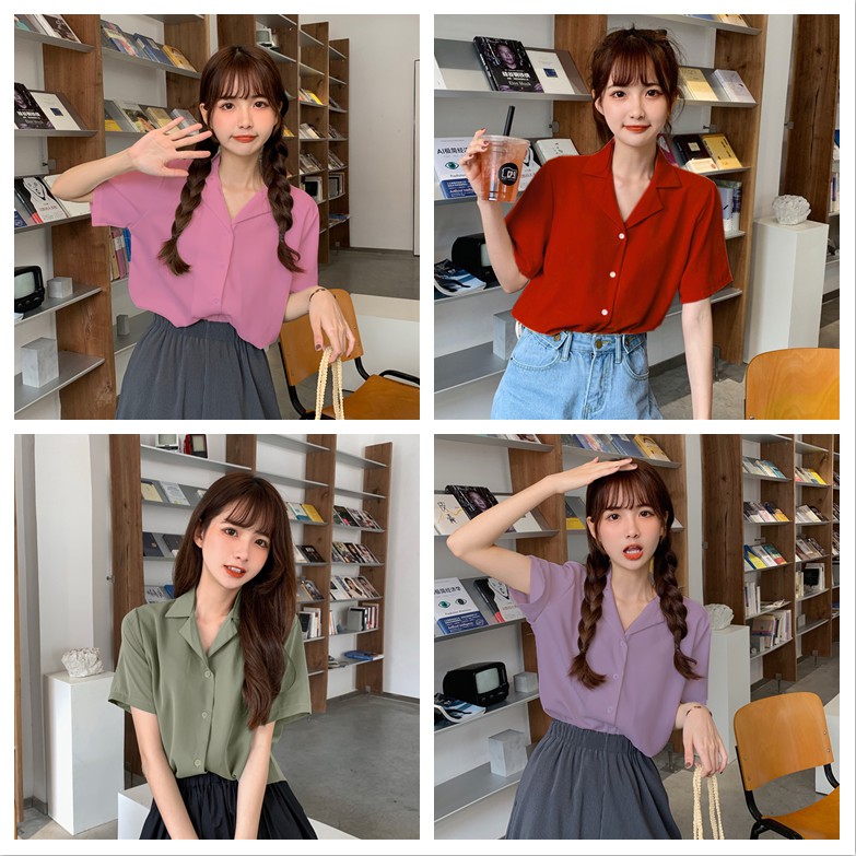 SUXI Áo Sơ Mi Nữ Tay Ngắn Màu Trơn Kiểu Dáng Đơn Giản