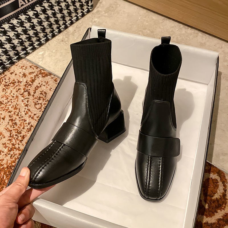 NEW Sale#Chelsea Boots ngắn của phụ nữ Mùa thu / đông Ngón chân vuông đàn hồi Gót dày ở giữa Martin mỏng . ! : : ' :