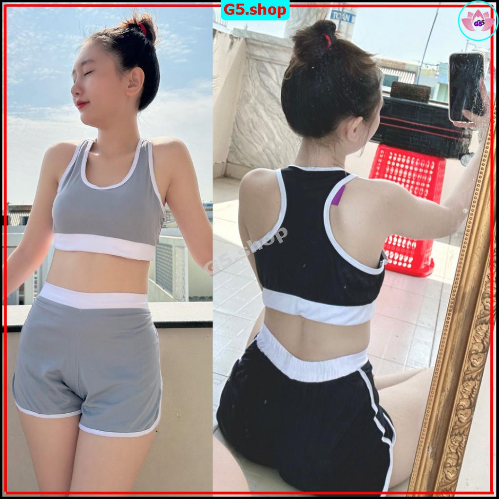Bộ Quần Áo Tập Gym yoga viền trắng tạo điểm nhấn-Áo Croptop cộc tay với quần đùi viền trắng dày dặn,thấm hút tốt g5.shop