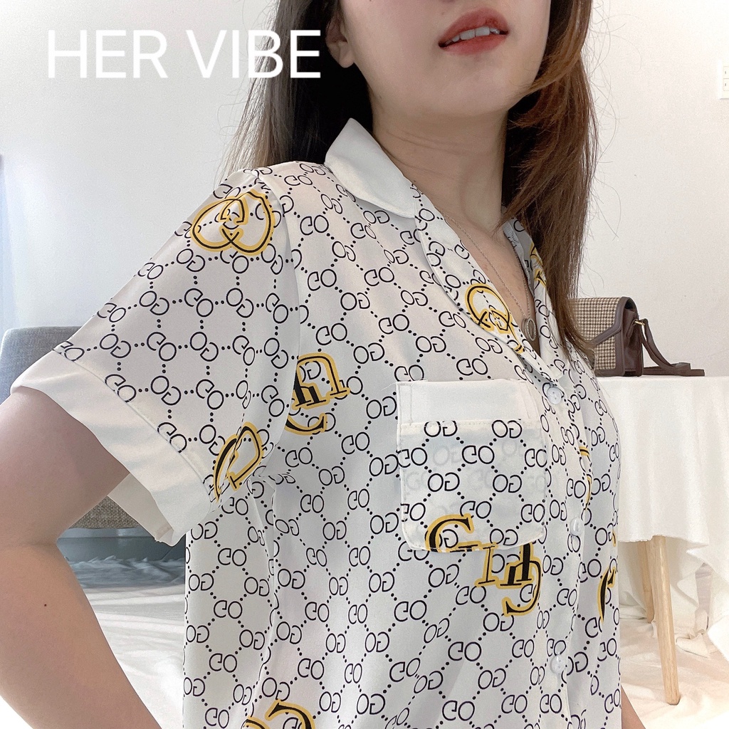 Đồ bộ nữ pijama lụa mát mịn bộ ngủ mặc nhà tiểu thư tay ngắn quần ngắn satin dễ thương Her Vibe