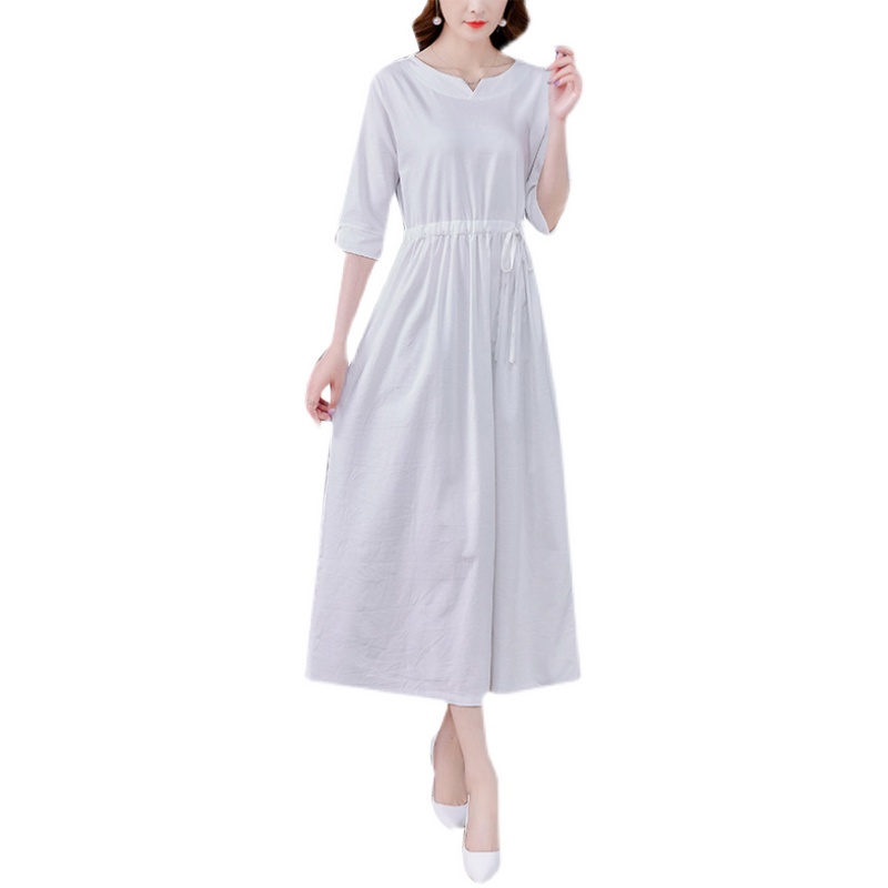 Đầm nữ dáng dài form rộng - Váy suông dài trơn, thắt eo vintage