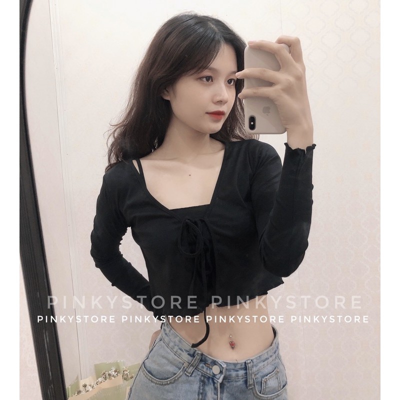 (Chưa kèm áo trong) Áo croptop tay dài cột nơ màu đen | WebRaoVat - webraovat.net.vn