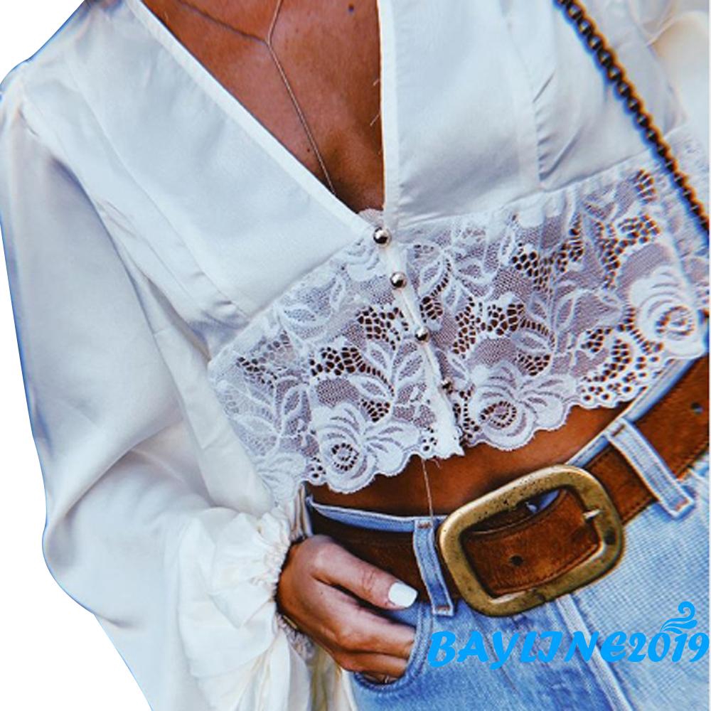 Áo nữ tay dài cổ chữ V phối ren thời trang quyến rũ | BigBuy360 - bigbuy360.vn