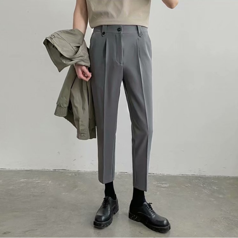 Quần tây vải lụa lạnh mỏng plus size dáng rộng ống đứng phong cách Hàn Quốc cho nam