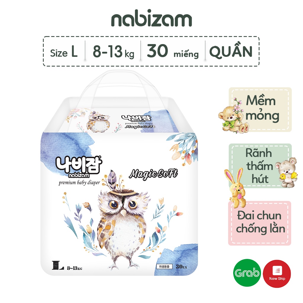 Tã/Bỉm Quần Nabizam Magic Soft Nội Địa Hàn Siêu Mềm Mỏng, Chống Tràn, Thấm Hút Tốt Size L Cho Bé Từ 8-13kg,30 Miếng/Bịch