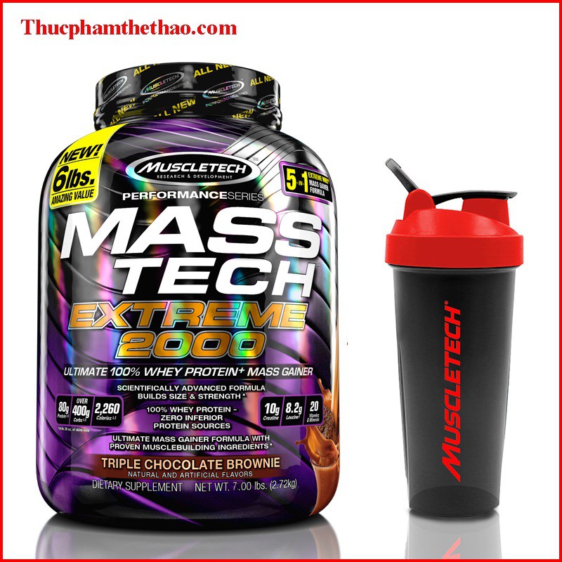 Sữa tăng cân Mass Tech Extreme 2000 7lbs (3.18Kg) - Muscletech USA - Mùi Chocolate, Vani - Kèm quà tặng