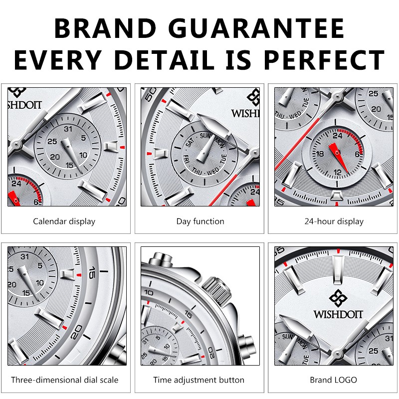 【Official product】WISHDOIT Business casual watch Simple atmosphere Multifunction Three-eye chronograph Sports waterproof swim watches leather Popular watches Calendar function Quartz watch Student watch Multiple colors available