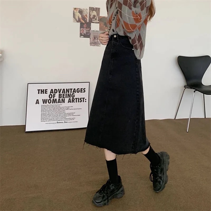 Chân Váy Jean Nữ Màu Đen Dáng Suông Chữ A Basic Phong Cách Vintage Ulzzang Hàn Quốc Chất Loại 1 Mềm Tay Rách Gấu