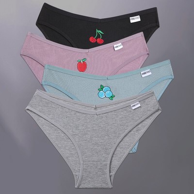 Quần lót Finetoo vải cotton thêu họa tiết trái cây bắt mắt kiểu chữ V xẻ sâu quyến rũ cho phái nữ M-2XL