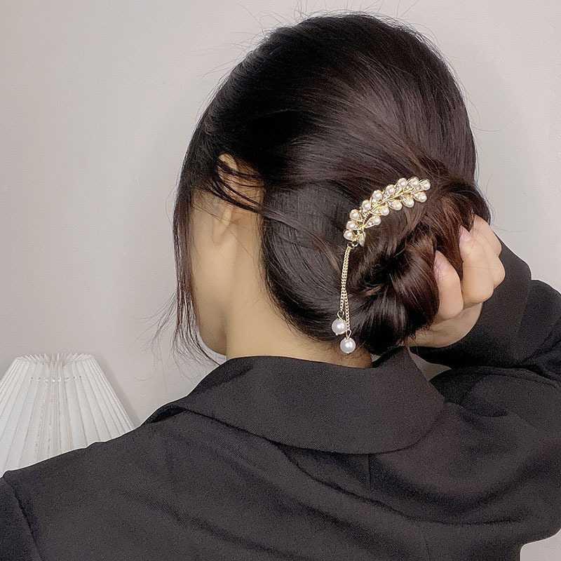 Kẹp Tóc Hình Chiếc Lá Đính Ngọc Trai Lấp Lánh Phong Cách vintage Hàn Quốc