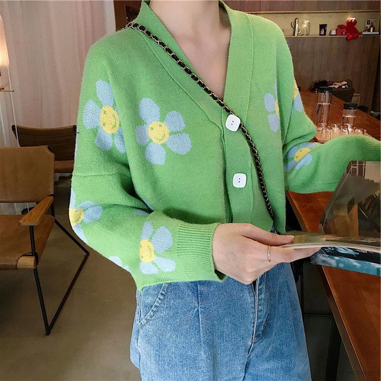 Áo Cardigan Tay Dài Cổ Chữ V Dáng Rộng Họa Tiết Hoa Cá Tính Dành Cho Nữ