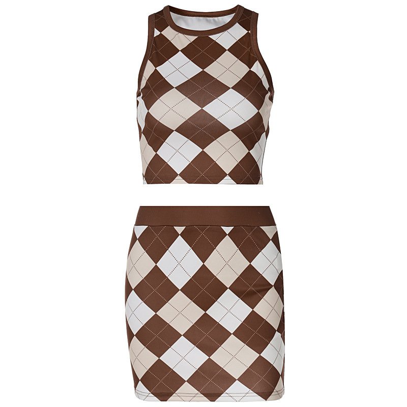 Set đồ gồm áo tanktop cổ tròn + chân váy lưng cao sọc caro xinh xắn thời trang dành cho nữ