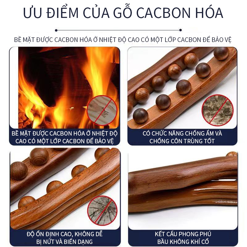 [HCM]53cm Gậy Mát Xa Gua Sha 8 Hạt Bằng Gỗ Carbon Hóa Lưng / Cơ Thể, Gậy Gỗ Giảm Béo-[GM-GSB]