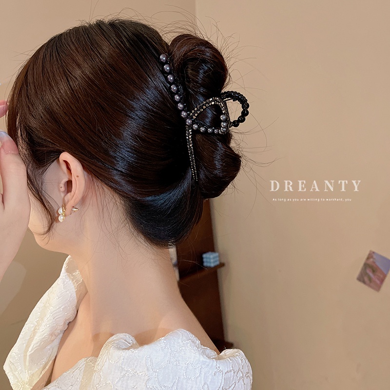 Kẹp Tóc Cá Mập Đính Đá Ngọc Trai Màu Đen Phong Cách Cổ Điển