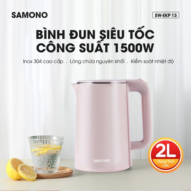 Bình đun siêu tốc Samono SW-EKP13 dung tích lớn 2L công suất 1500W, Ruột ấm bằng inox 304, chống gỉ - Hàng Chính Hãng