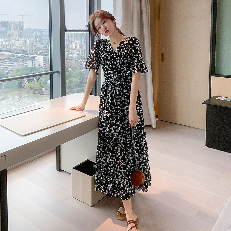 Đầm Voan Hoa Dài Qua Gối Cổ Chữ v Màu Đen Thời Trang Cho Nữ
