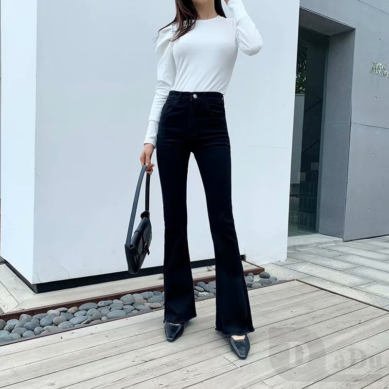 Quần Jean Dài Lưng Cao Ống Loe Màu Trơn Thời Trang Trẻ Trung