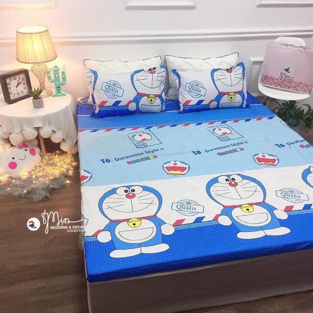 Bộ Drap 1m6 1m8 + 2 Vỏ Gối 💝Ra nệm Cotton 3D Doremon tem thư (ẢNH THẬT)