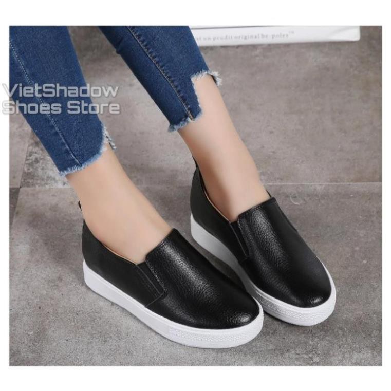 Slip on da nữ độn đế - Giày lười da nữ đế xuồng - Chất liệu da bò màu (trắng) và (đen) - Mã SP: 9909/9910 -h91