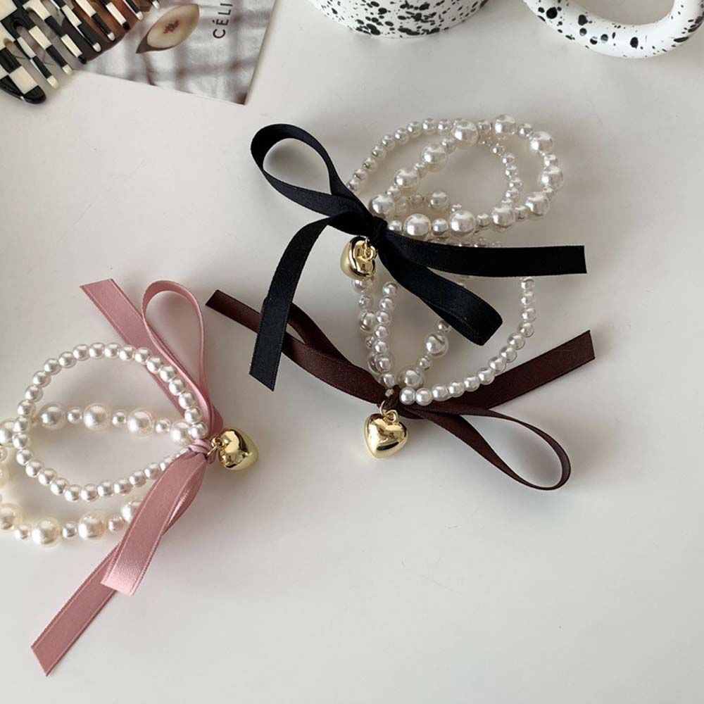 Dây buộc tóc cao su đính ngọc trai hình trái tim nhiều màu sắc phong cách Hàn Quốc cho nữ